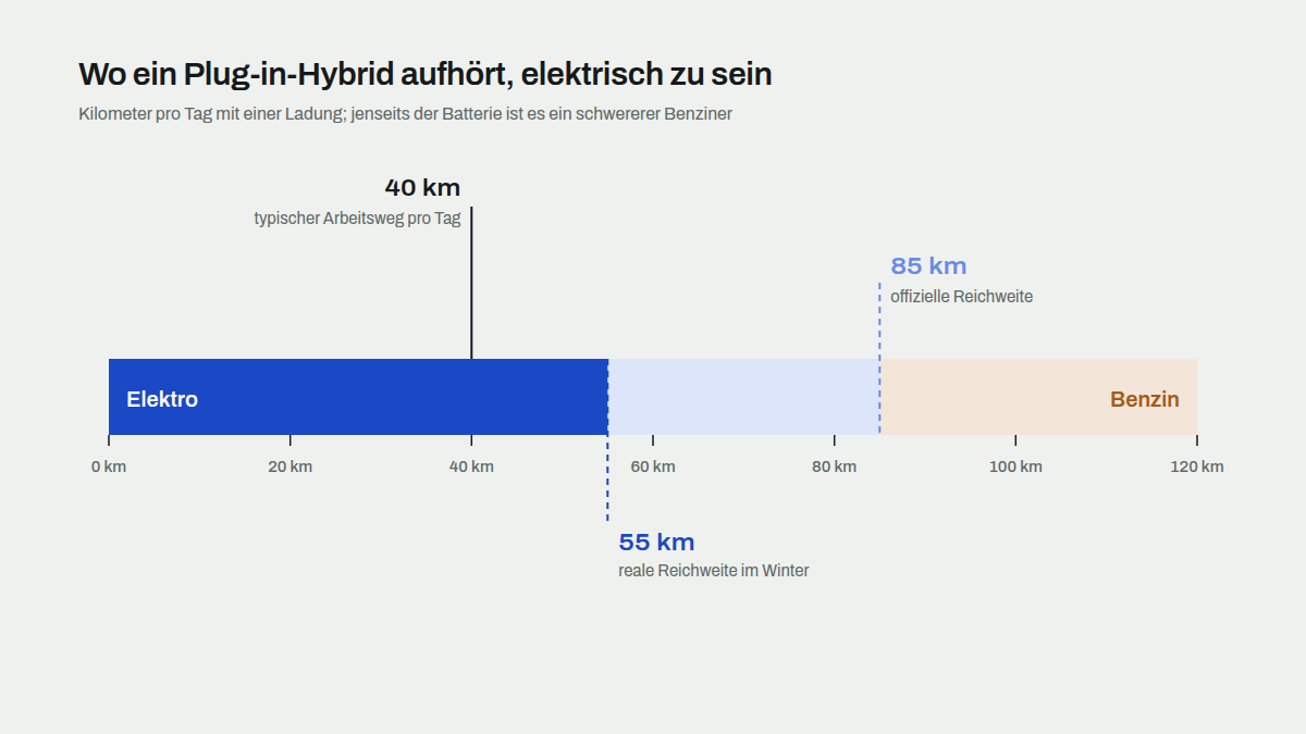 Offizielle und reale elektrische Reichweite eines Plug-in-Hybrids auf einer 120-km-Skala gegenüber einem typischen Arbeitsweg von 40 km